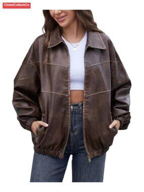 Oversized Faux Leather Motorcycle Jacket Distressed Zip Moto Coat